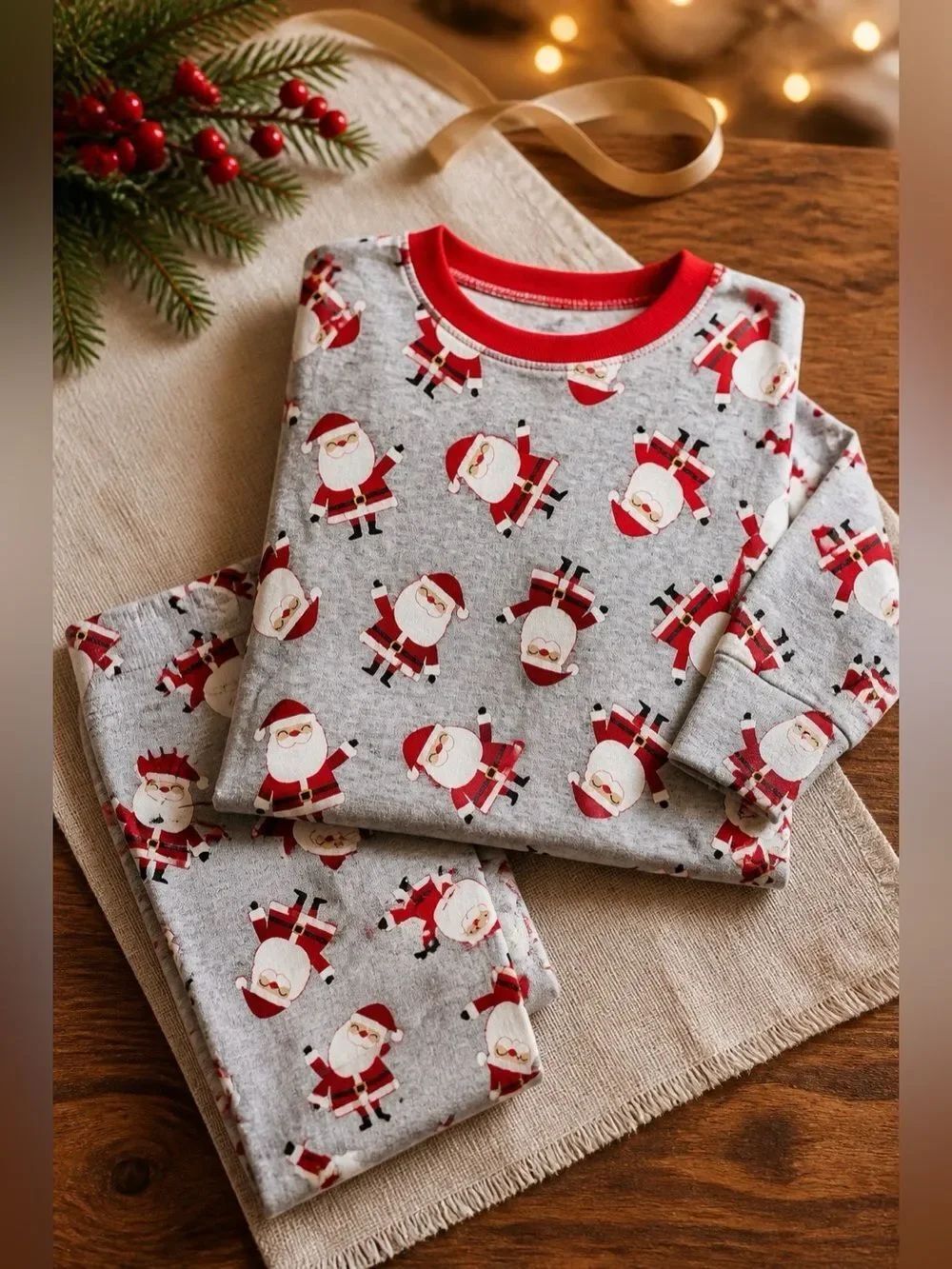 Gray Santa Print Kids Pajamas 12m NWT
